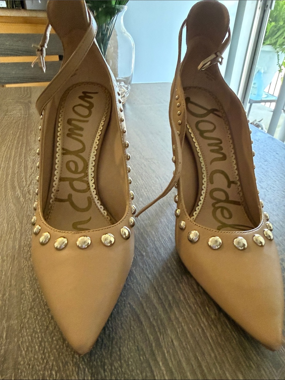 Sam Edelman Nude Crystal-Trim Pointed Toe Ankle Strap Pumps